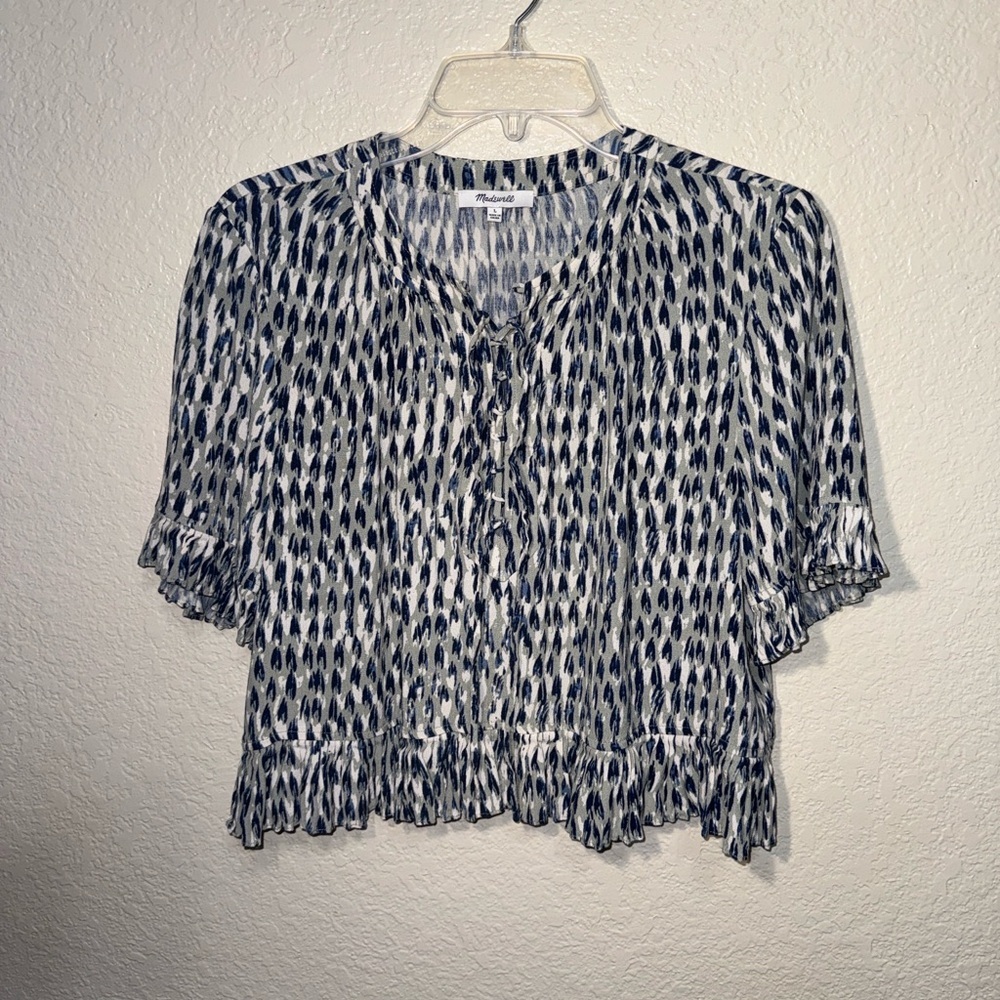Madewell Women’s Large Navy White Ruffle-Hem Tie-Neck Blouse Boho Peasant Top